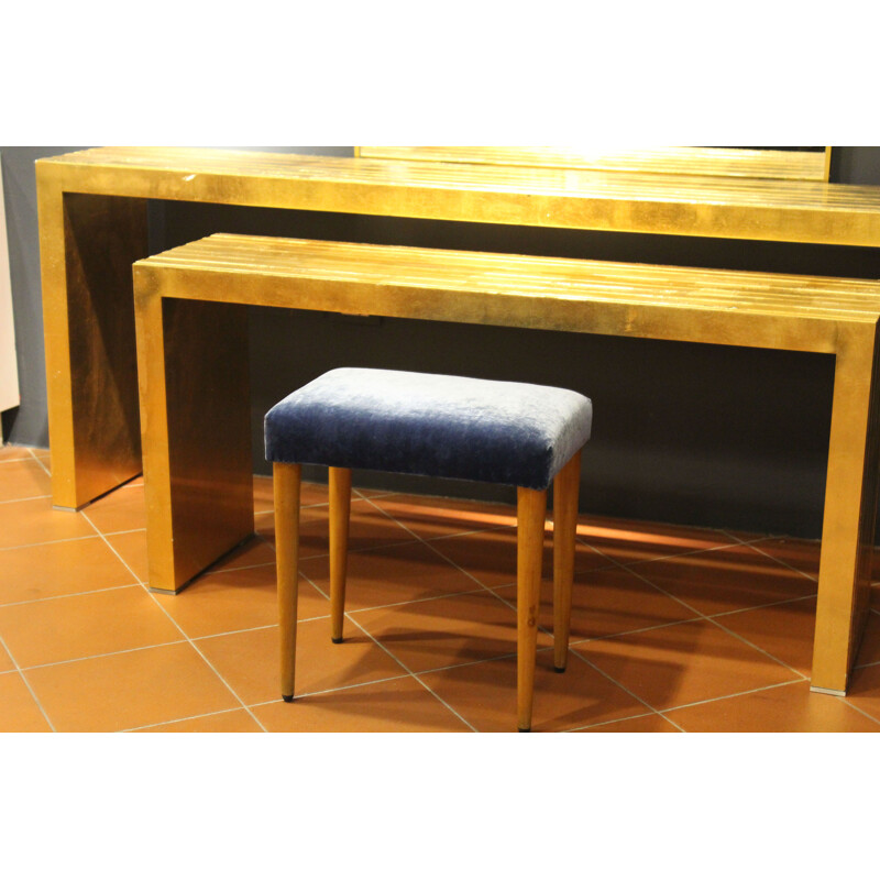 Banc vintage en bois velours bleu Italie 1950