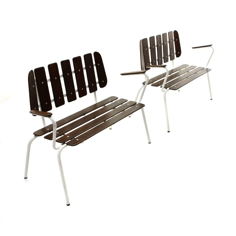 Pair of vintage white metal benches with wooden slats, 1950s