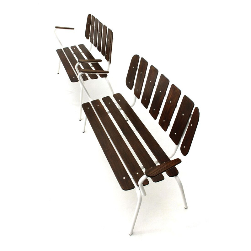 Pair of vintage white metal benches with wooden slats, 1950s