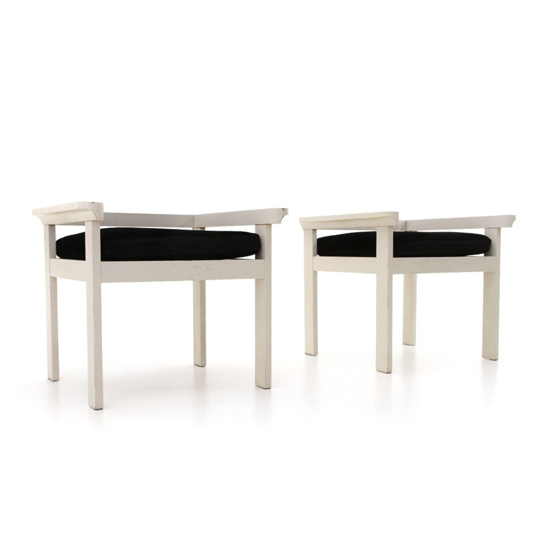 Pair of chairs in white lacquered wood and black velvet cushion, 1960s