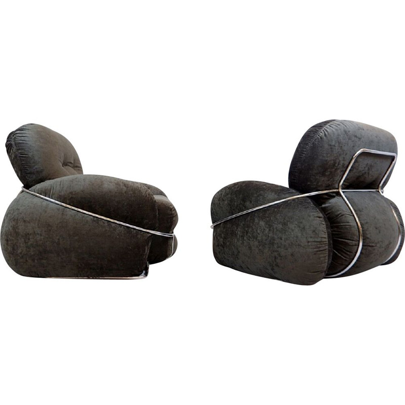 Pair of vintage Italian club velvet and dark grey chrome armchairs