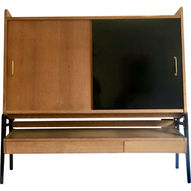 Vintage tall blond oak sideboard by Guermonprez for Magnani 1950s