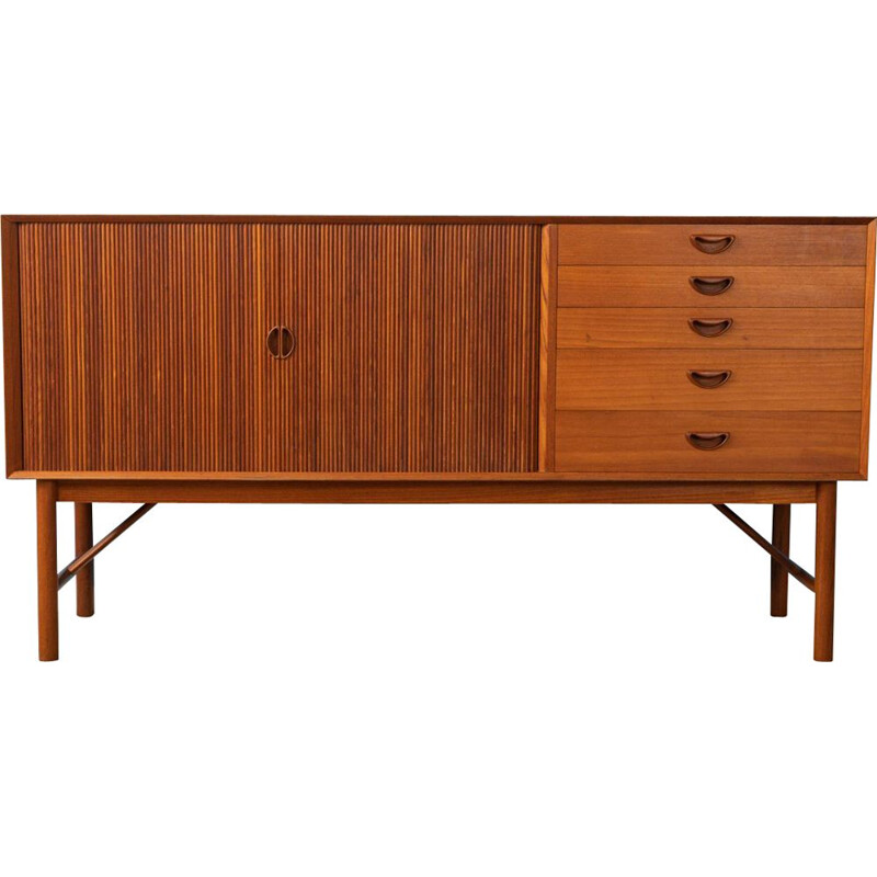 Vintage sideboard in teak  two tambour doors five drawers by Peter Hvidt Denmark 1960s