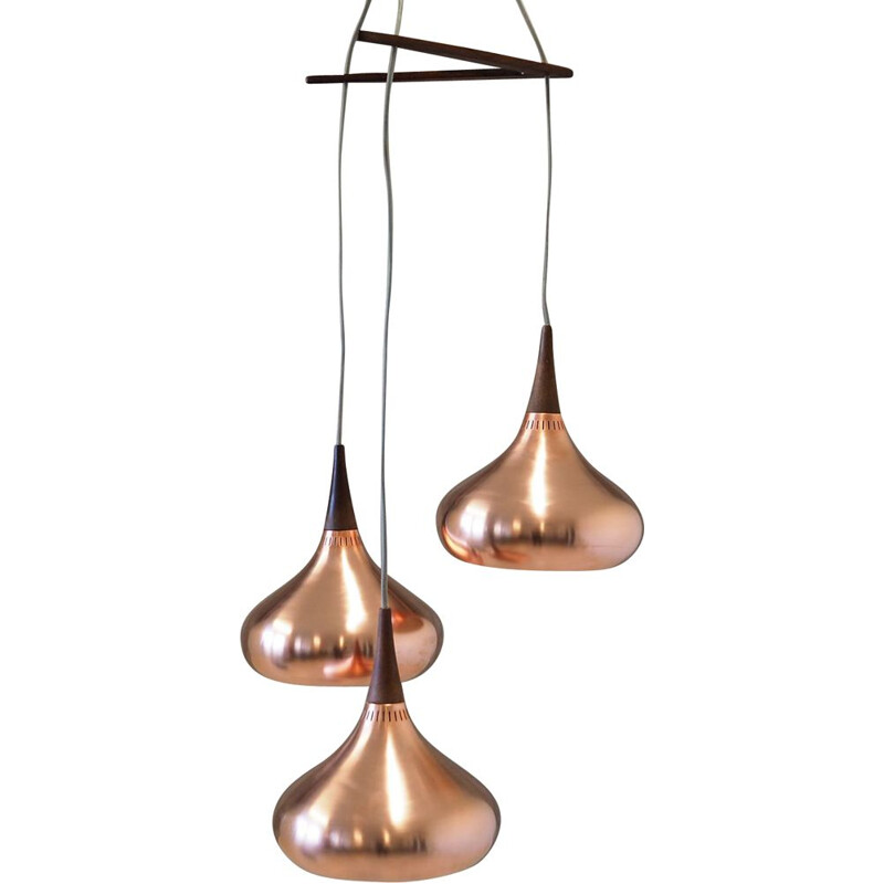 Vintage Scandinavian copper and wood chandelier 1960