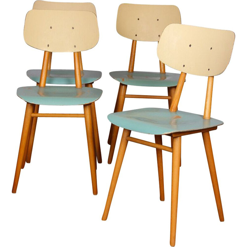 Set of 4 vintage blue chairs with cream backrest by Ton Czech Republic 1960