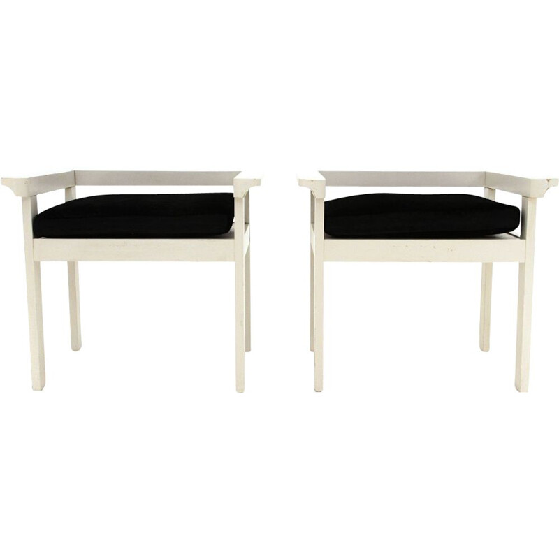 Pair of chairs in white lacquered wood and black velvet cushion, 1960s