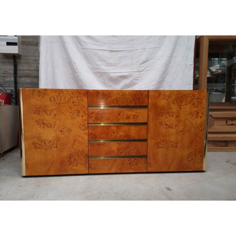 Vintage 2-door 5-drawer sideboard in burr elm and brass by Mario Sabot 1970