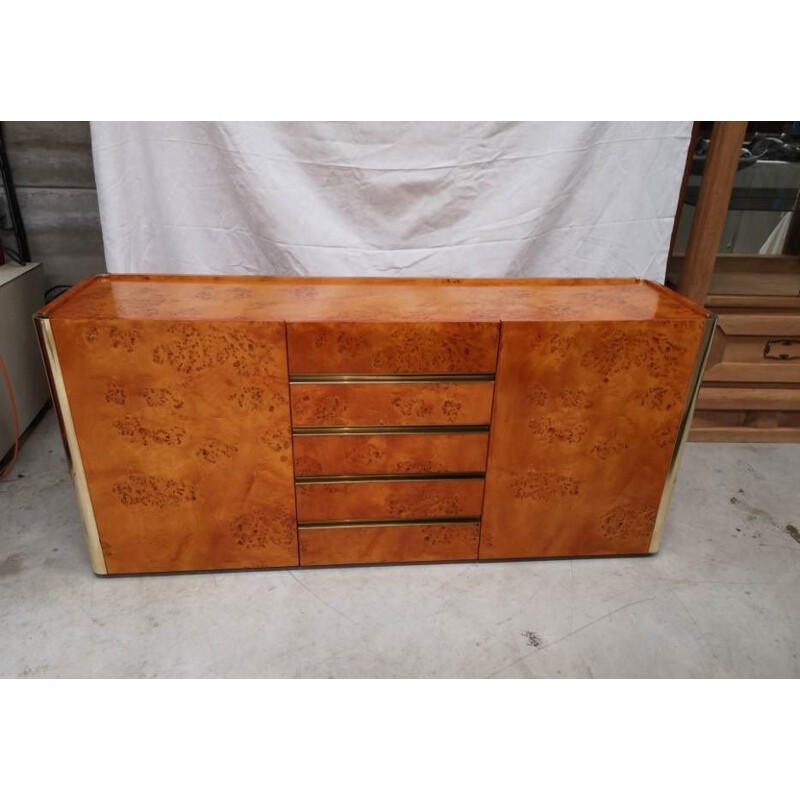 Vintage 2-door 5-drawer sideboard in burr elm and brass by Mario Sabot 1970