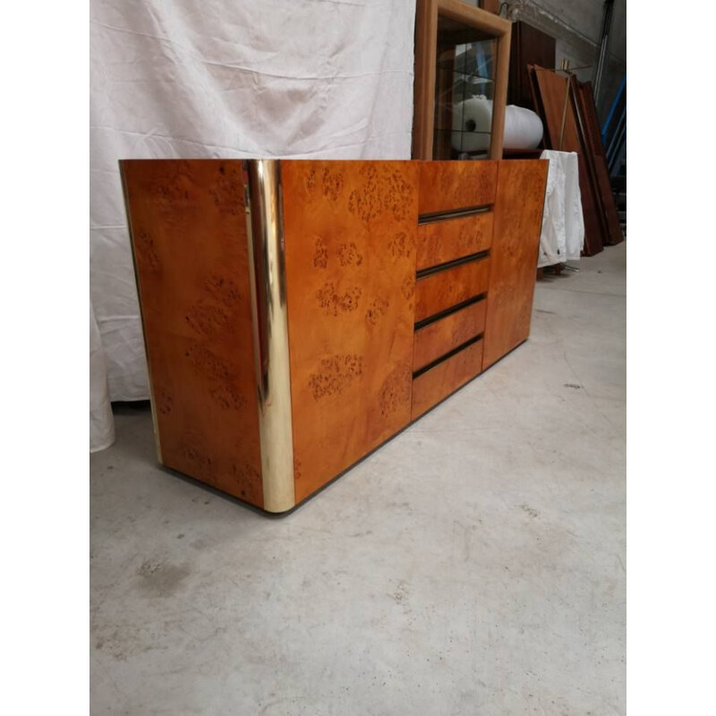 Vintage 2-door 5-drawer sideboard in burr elm and brass by Mario Sabot 1970