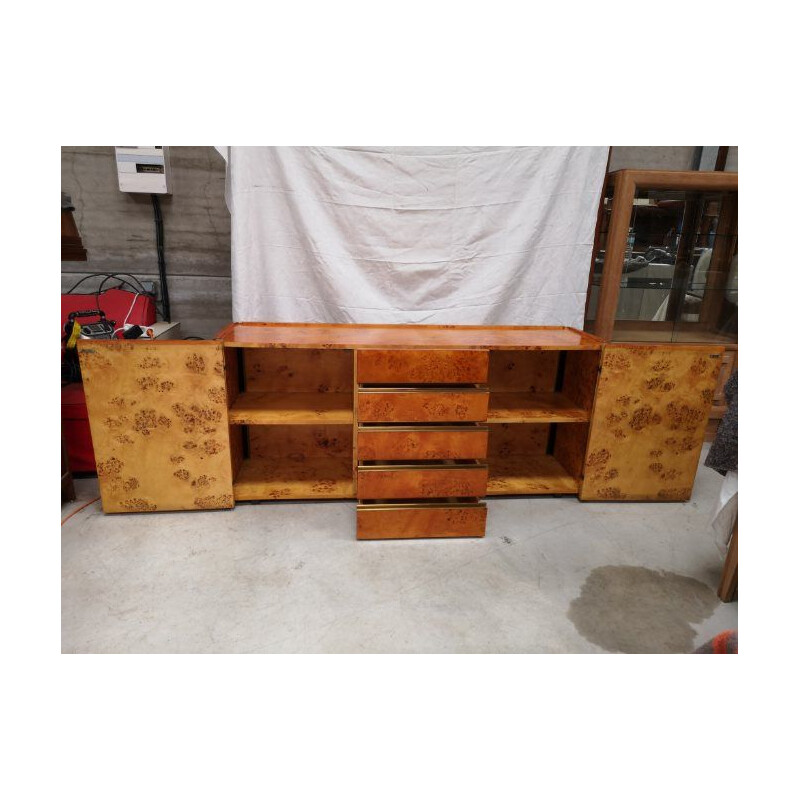 Vintage 2-door 5-drawer sideboard in burr elm and brass by Mario Sabot 1970