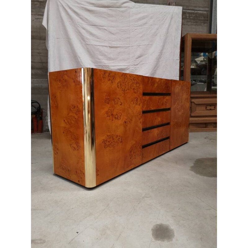 Vintage 2-door 5-drawer sideboard in burr elm and brass by Mario Sabot 1970