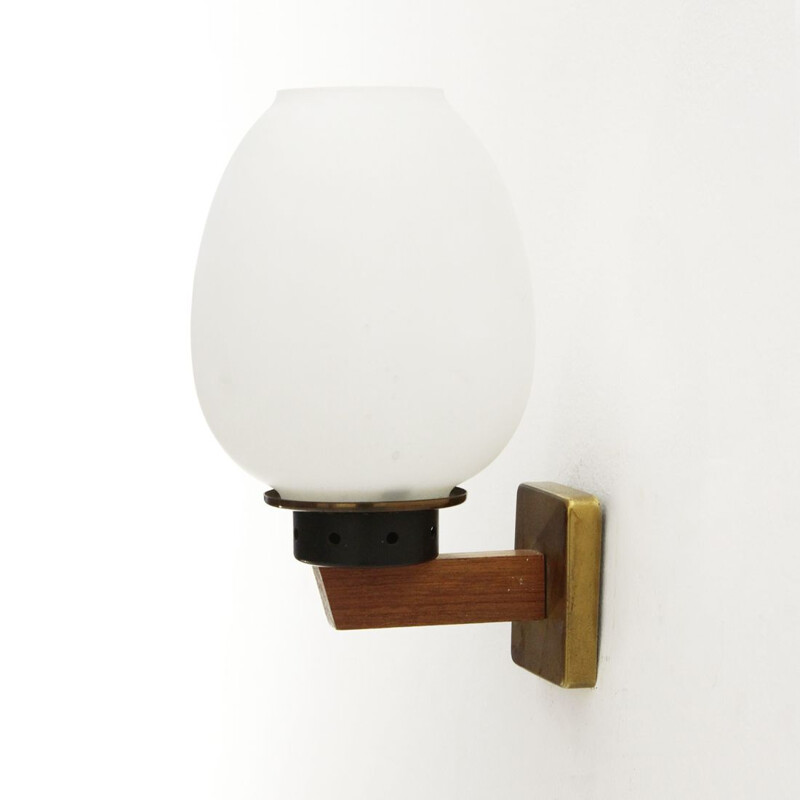 Vintage Wall light in brass, teak and opal glass, 1950s
