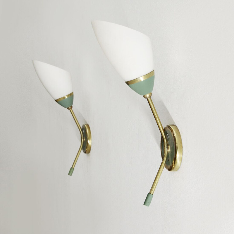 Pair of vintage wall lamps in brass and opal glass, 1950s