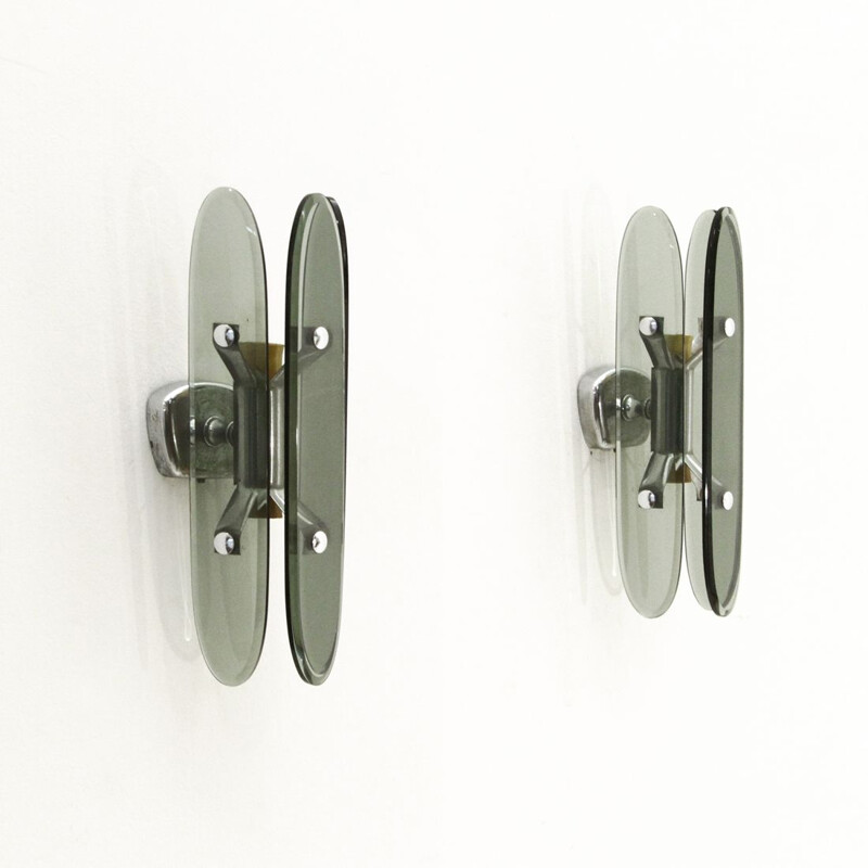 Pair of vintage wall lights in chromed metal and smoked glass, 1970s