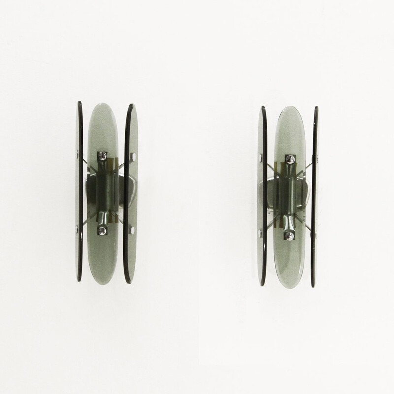 Pair of vintage wall lights in chromed metal and smoked glass, 1970s