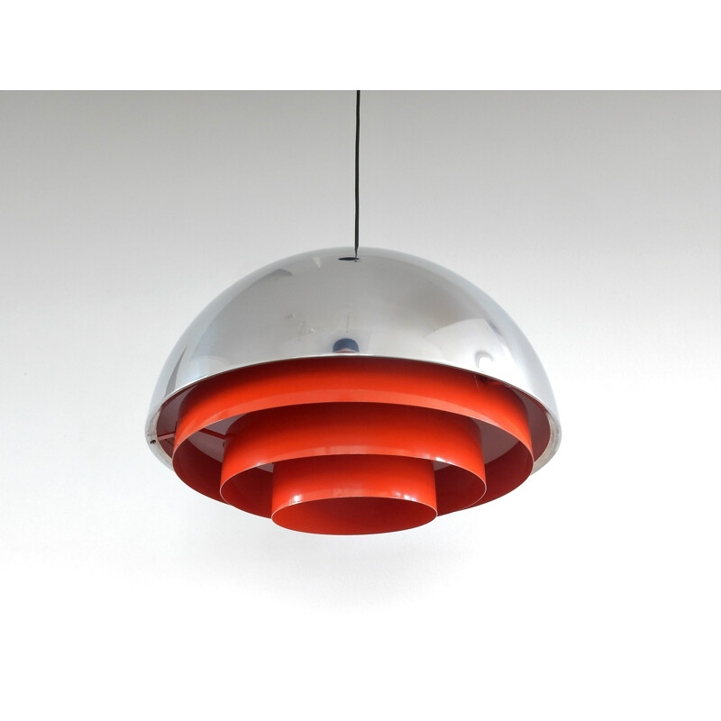 Vintage Chrome and orange "Milieu Maxi" pendant lamp by Jo Hammerborg for Fog and Mørup, Denmark 1970s