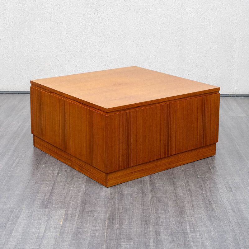 Table basse vintage cubique en teck avec rangement 1960