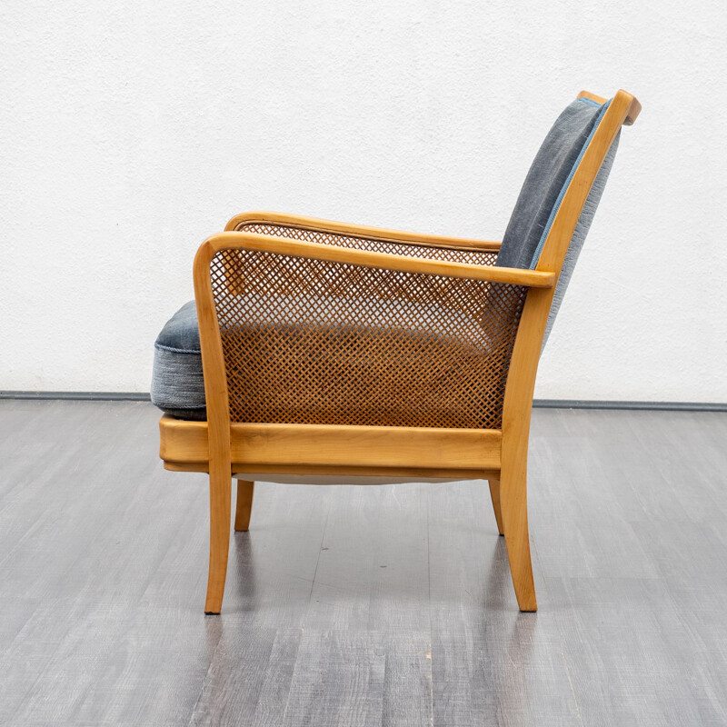 Vintage cherryvwood armchair with bast armrests 1950s