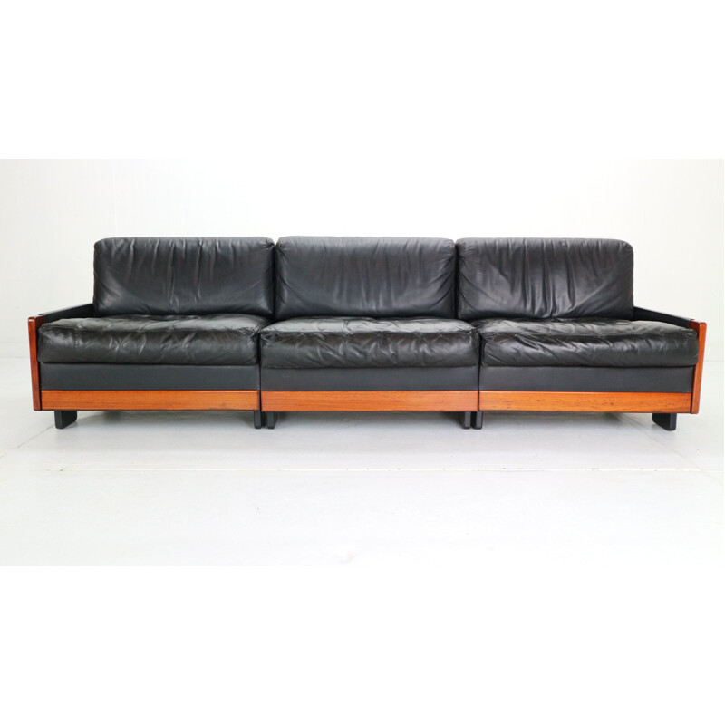 Vintage Scarpa Black Leather 3-Seat Sofa for Cassina Model-920 Afra & Tobia  1960s