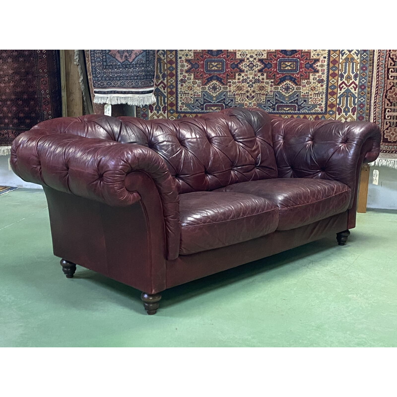 Grand canapé vintage Chesterfield en cuir 1970