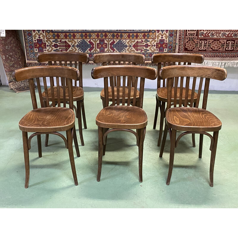 Suite of 6 vintage bistro chairs in turned wood 1930