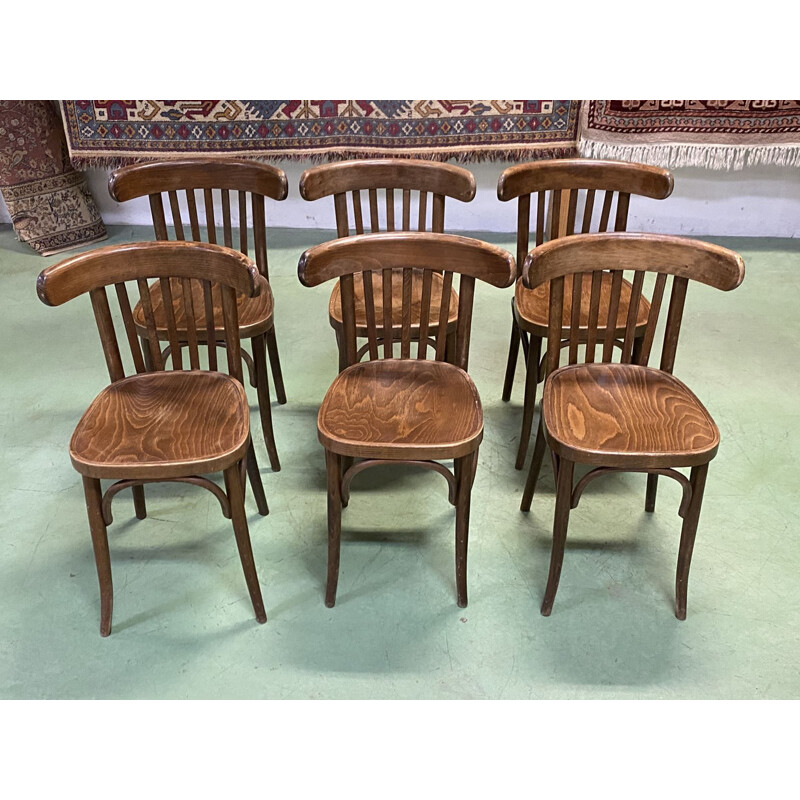 Suite of 6 vintage bistro chairs in turned wood 1930