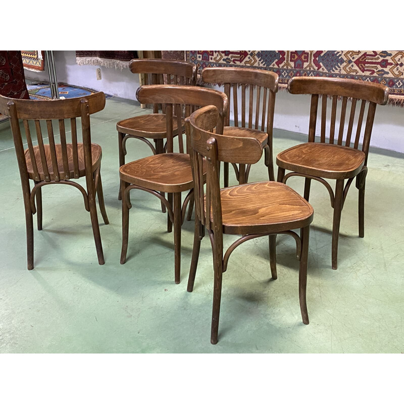Suite of 6 vintage bistro chairs in turned wood 1930
