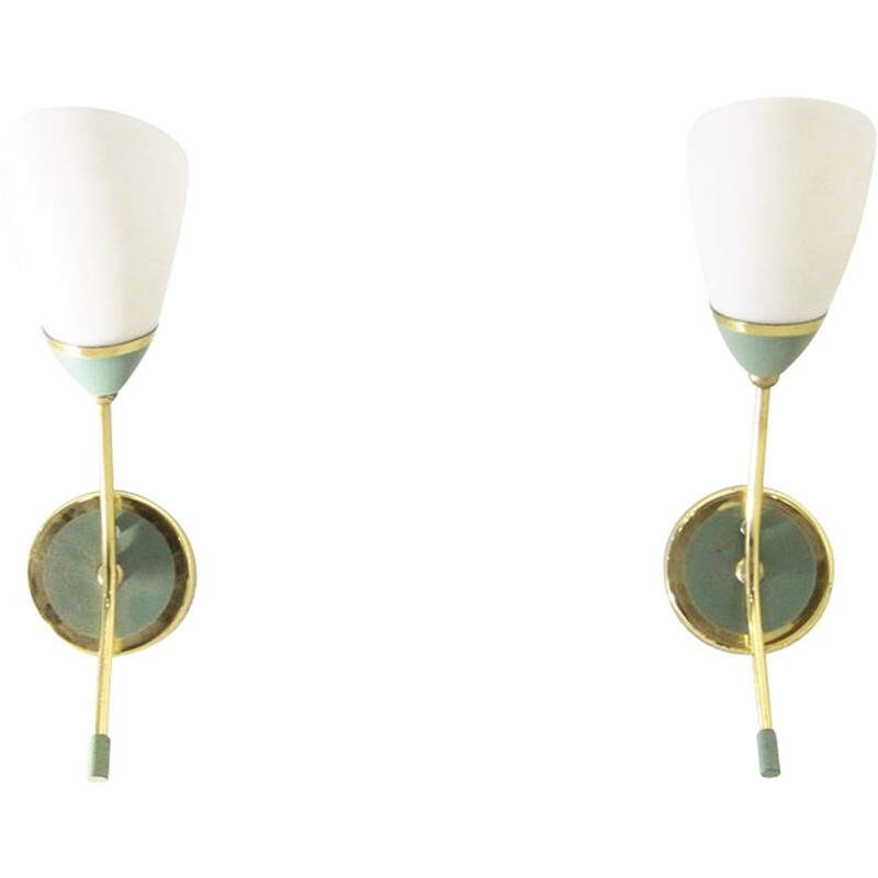 Pair of vintage wall lamps in brass and opal glass, 1950s