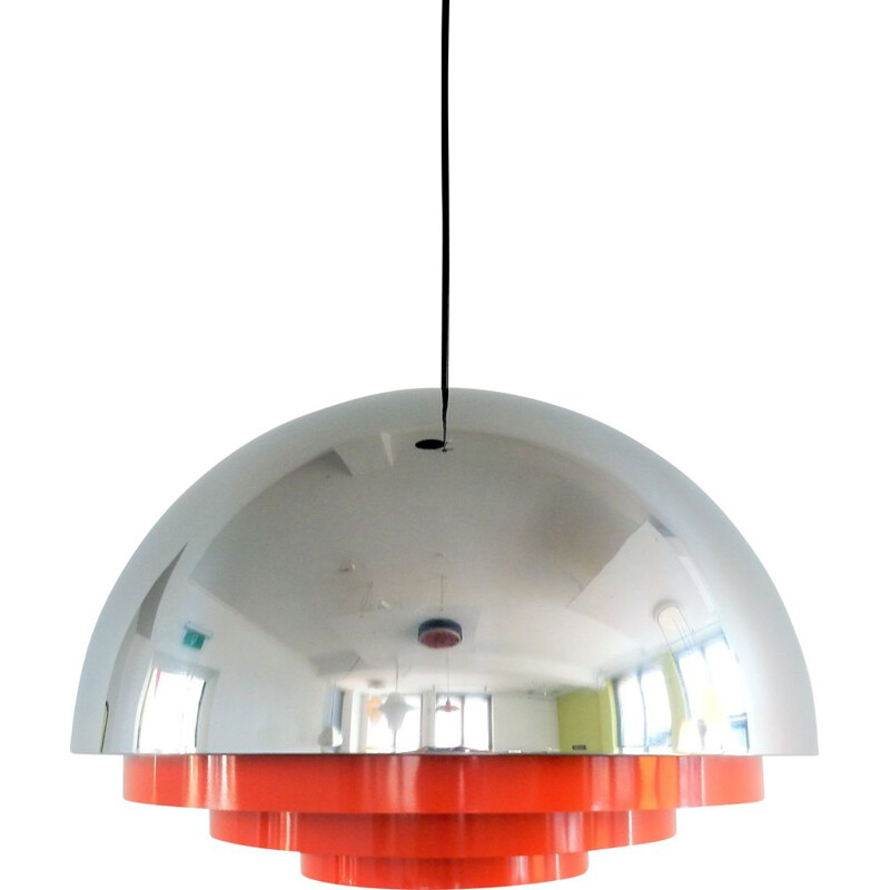 Vintage Chrome and orange "Milieu Maxi" pendant lamp by Jo Hammerborg for Fog and Mørup, Denmark 1970s