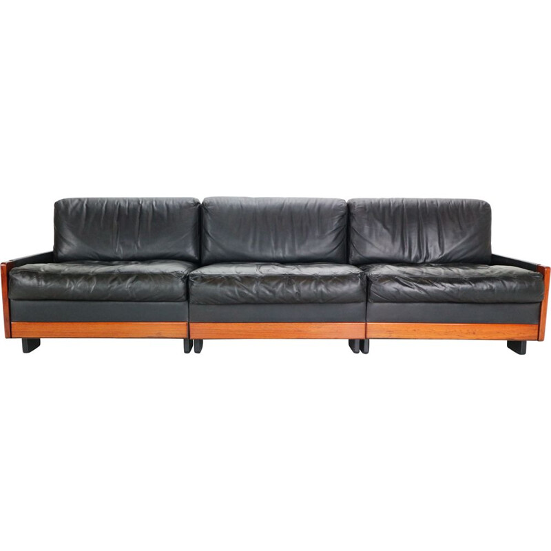 Vintage Scarpa Black Leather 3-Seat Sofa for Cassina Model-920 Afra & Tobia  1960s