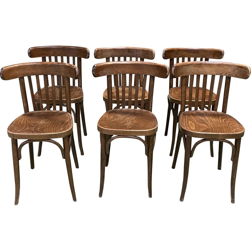 Suite of 6 vintage bistro chairs in turned wood 1930