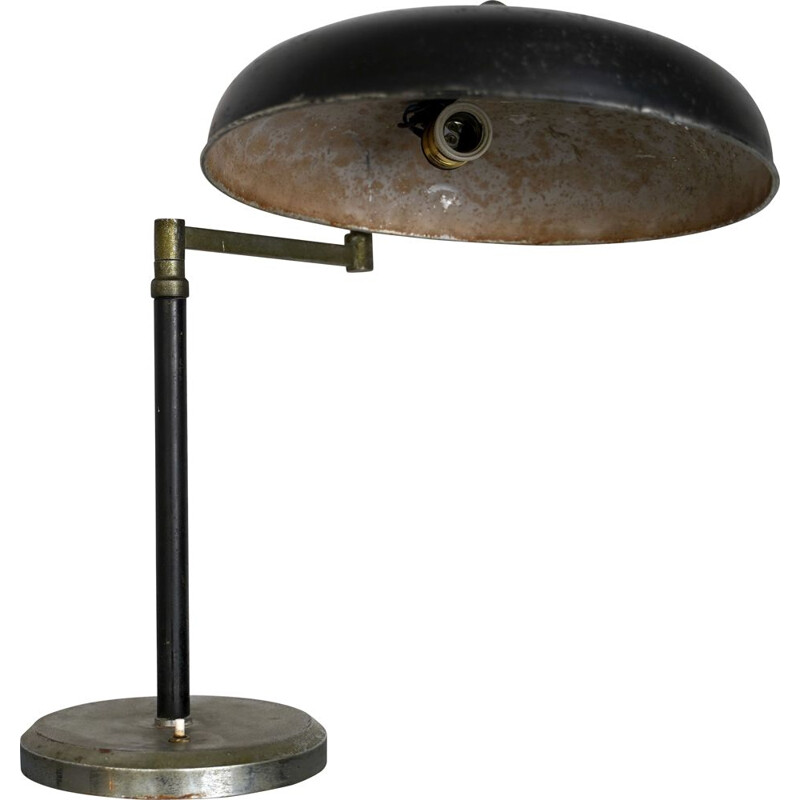 Lampe de bureau vintage en laque noire et nickel, Italie 1940
