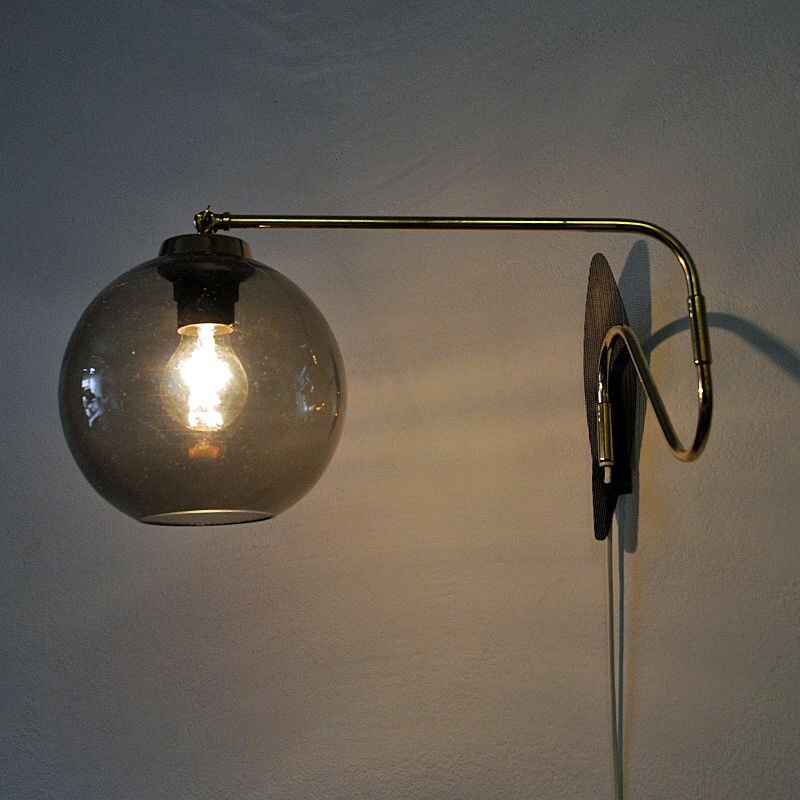 Vintage Wall lamp on brassarm with glassdome Høvik Verk, Norway 1950s