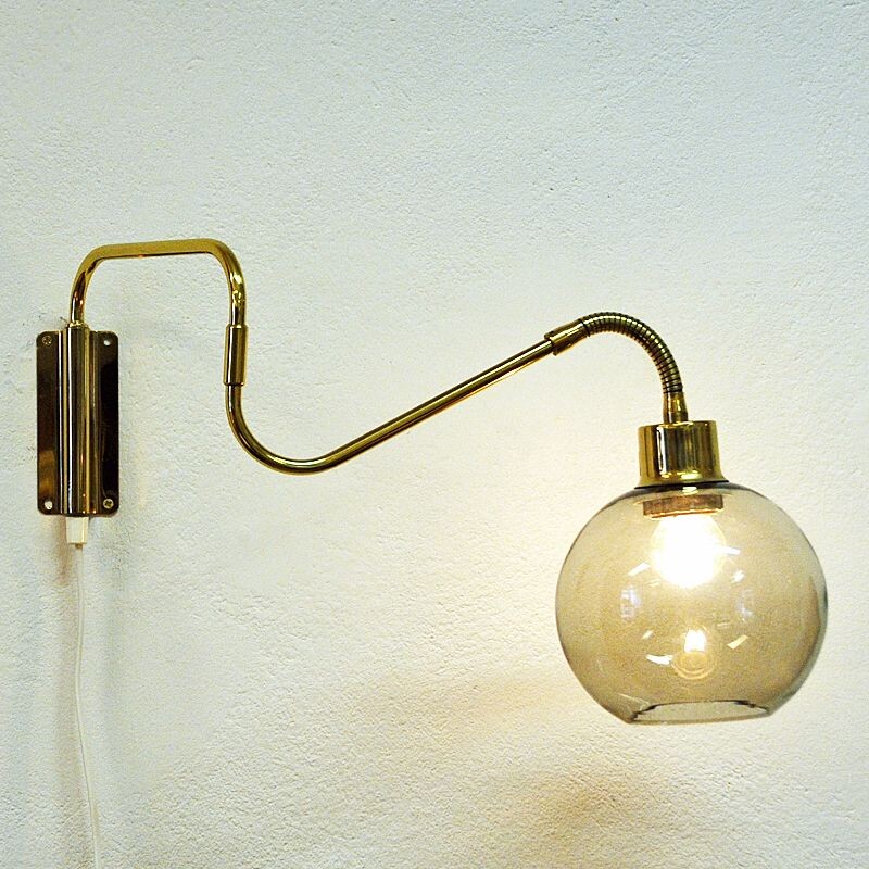 Wall lamp on brass arm with glass dome T. Røste & Co Norway 1950s