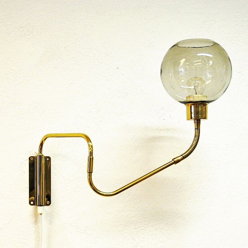 Wall lamp on brass arm with glass dome T. Røste & Co Norway 1950s