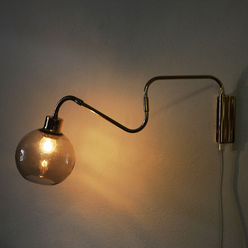 Wall lamp on brass arm with glass dome T. Røste & Co Norway 1950s