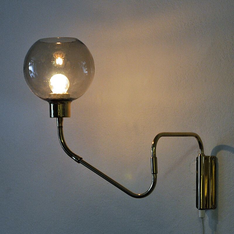 Wall lamp on brass arm with glass dome T. Røste & Co Norway 1950s