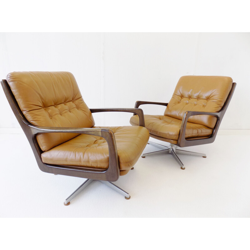 Pair of Vintage Eugen Schmidt caramel leather armchairs for Soloform 1960s