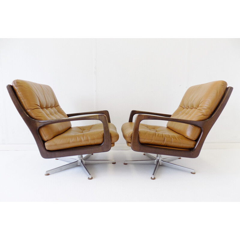 Pair of Vintage Eugen Schmidt caramel leather armchairs for Soloform 1960s