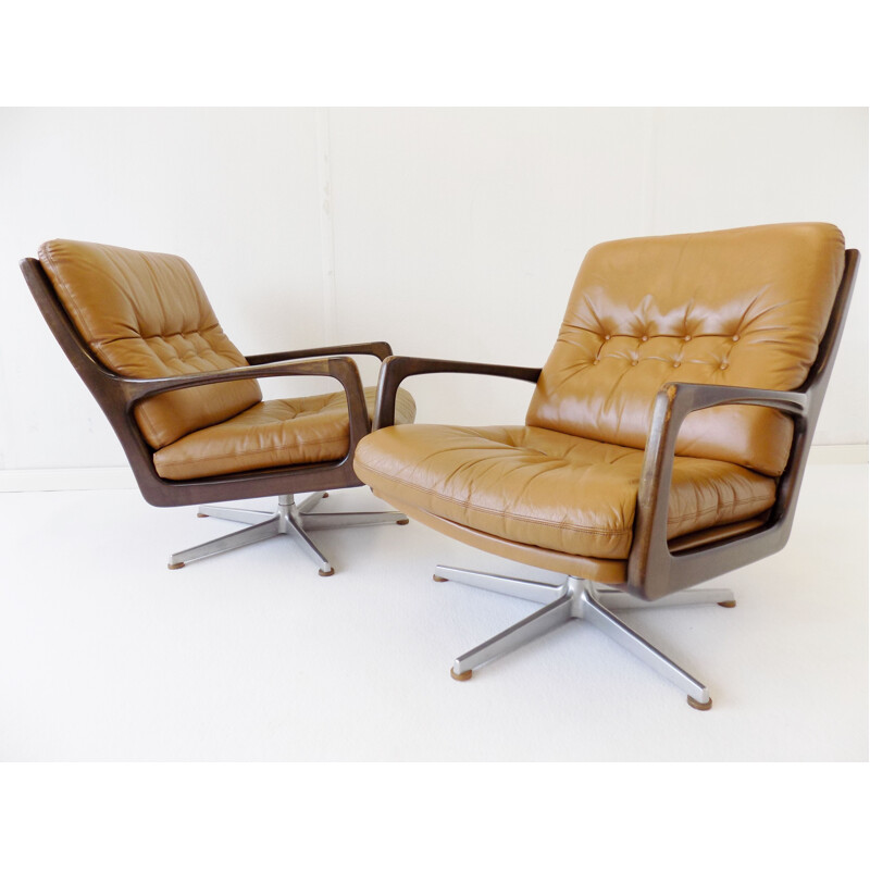 Pair of Vintage Eugen Schmidt caramel leather armchairs for Soloform 1960s