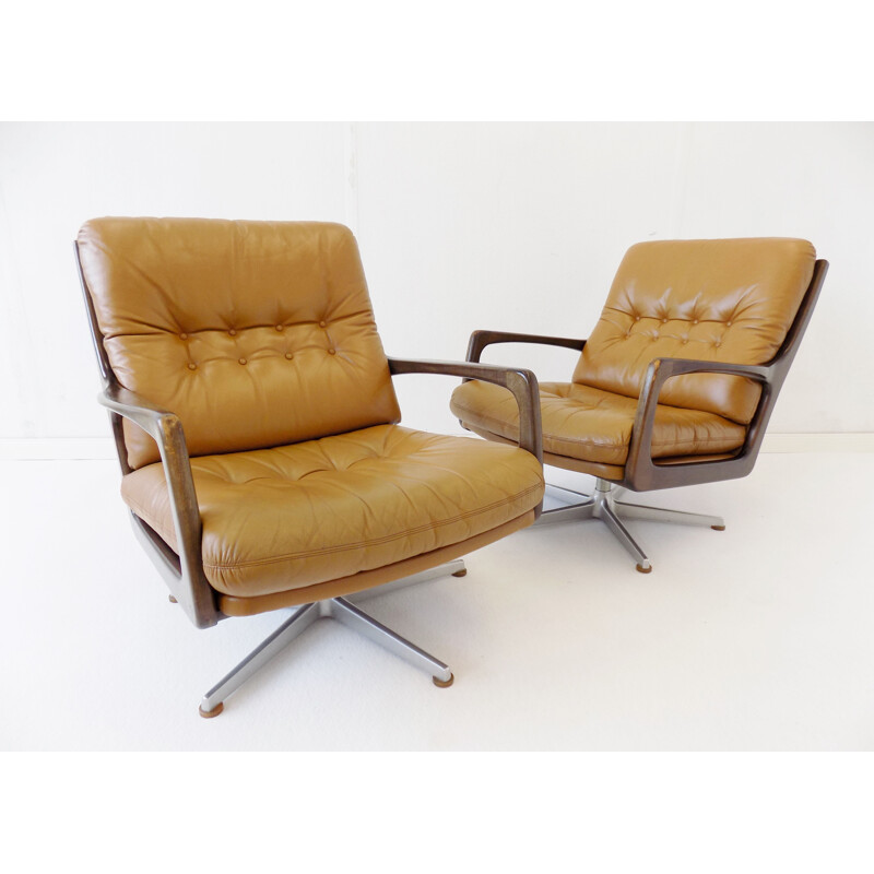 Pair of Vintage Eugen Schmidt caramel leather armchairs for Soloform 1960s