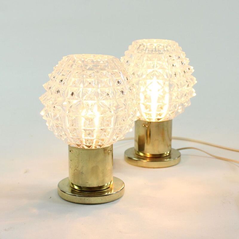 Pair of vintage Glass And Brass Table Lamps From Lustry Kamenicky Senov, 1970s