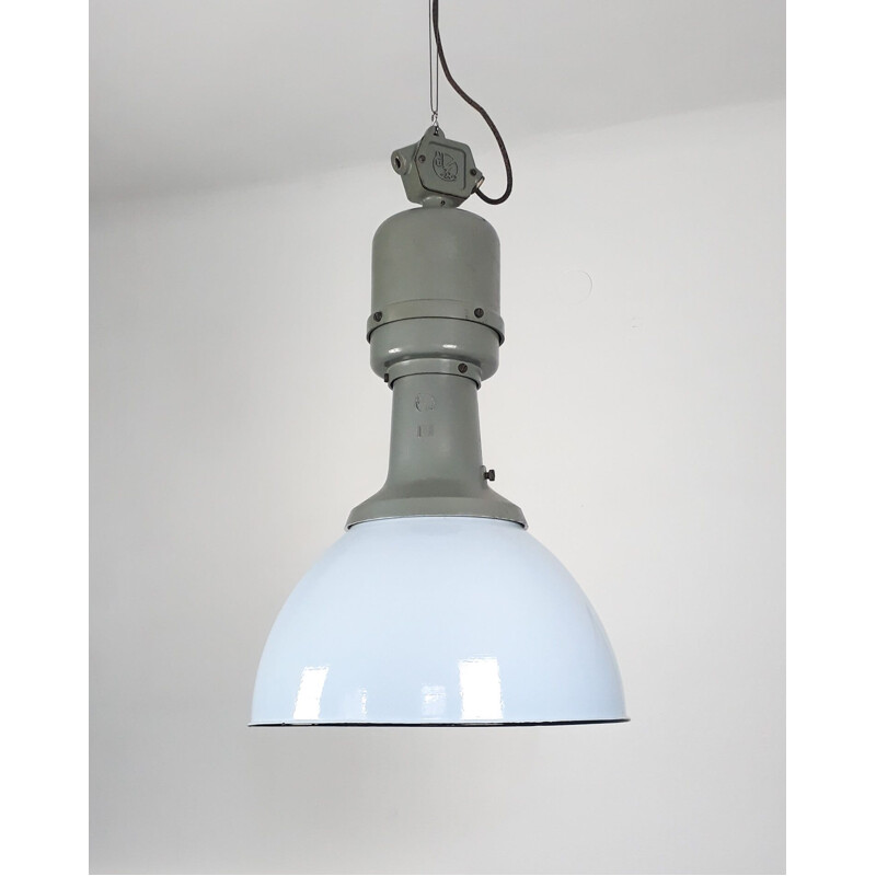 vintage industriële lichtblauwe email hanglamp van ElKo, 1960