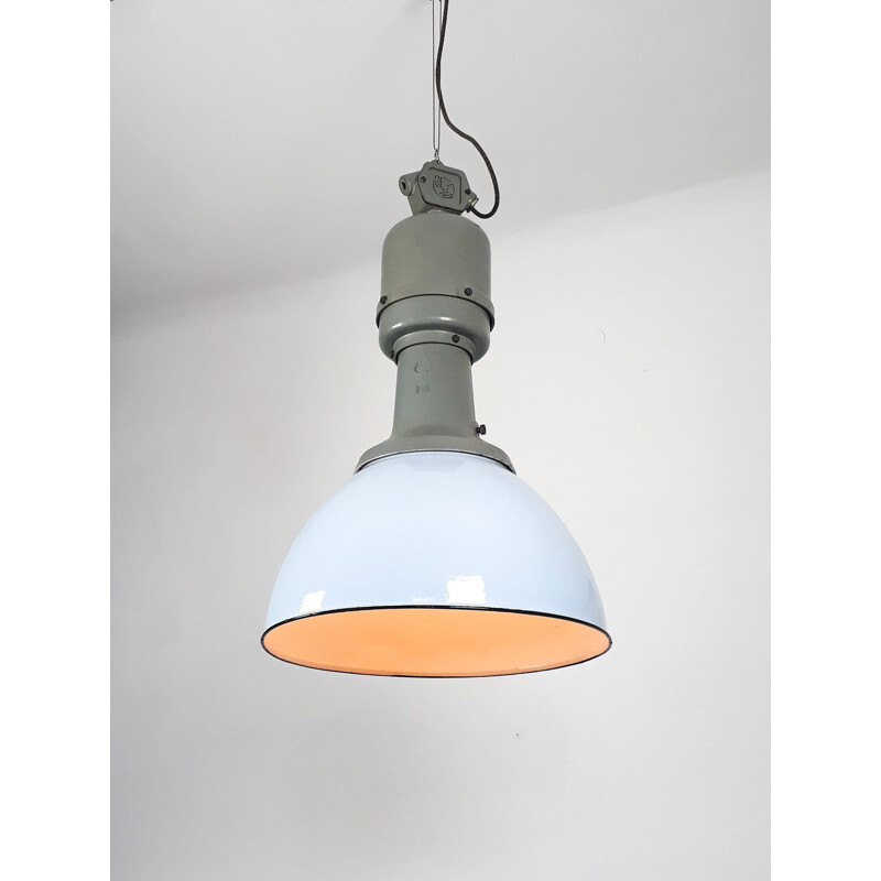 vintage industrial light blue enamel pendant lamp by ElKo, 1960