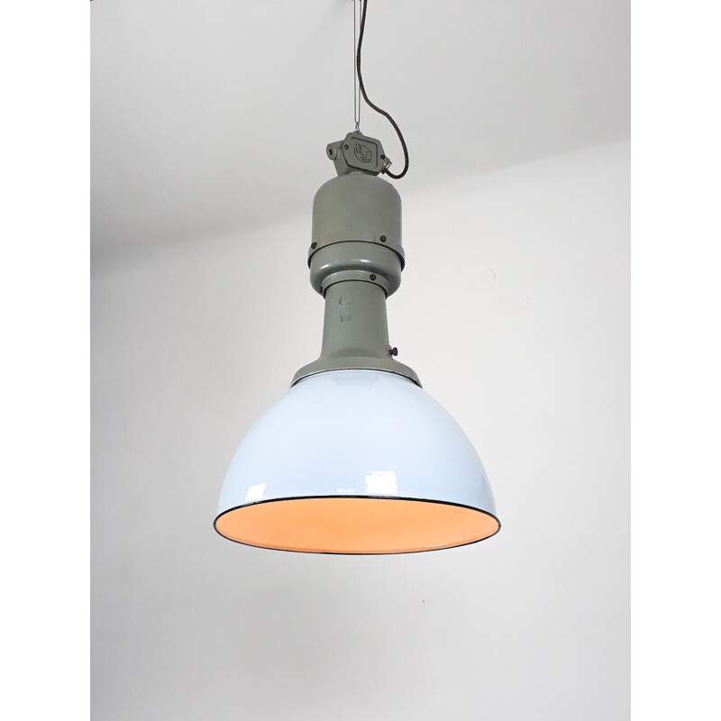 vintage industriële lichtblauwe email hanglamp van ElKo, 1960