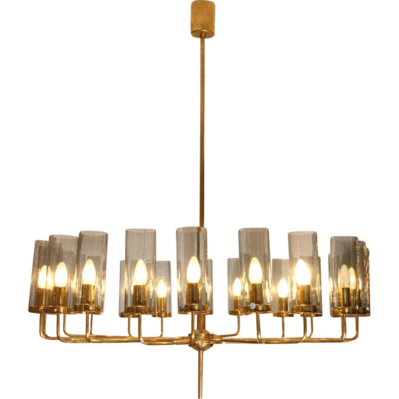 Large Scandinavian chandelier in brass and glass, Hans- Agne JAKOBSSON - 1960s