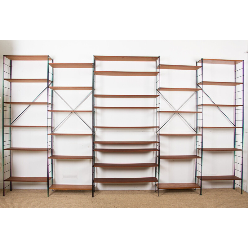 Vintage Ladderax large modular shelf in Teak and Steel 1970