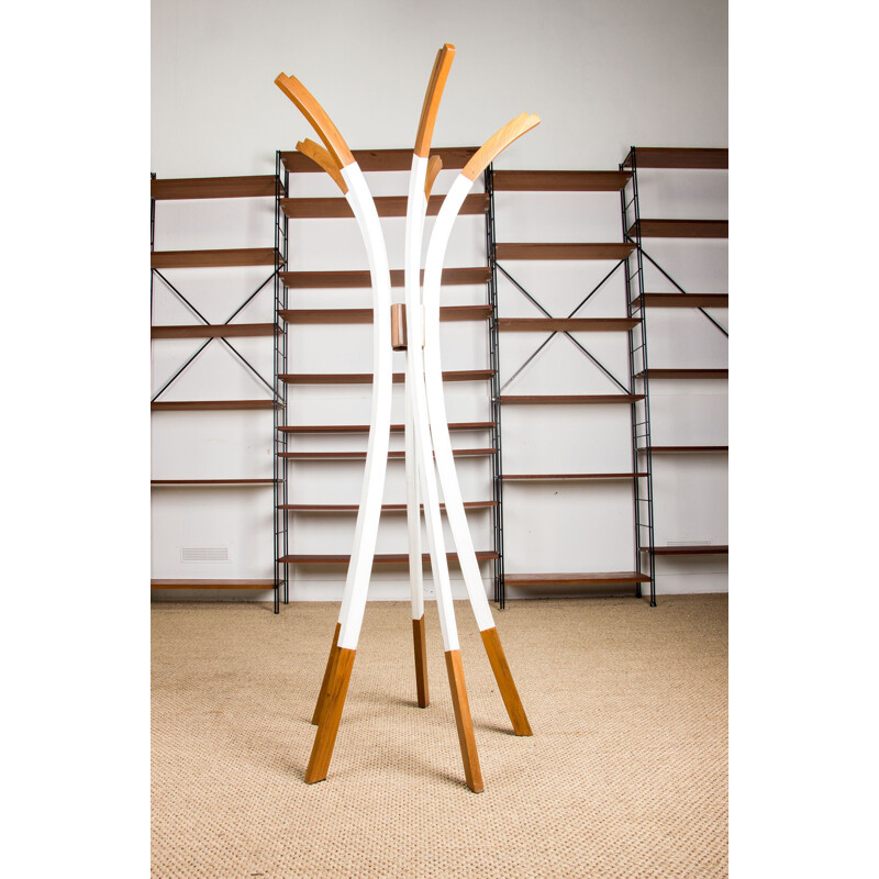 Vintage coat rack in solid Teak and Leather 5 branch Scandinavian 