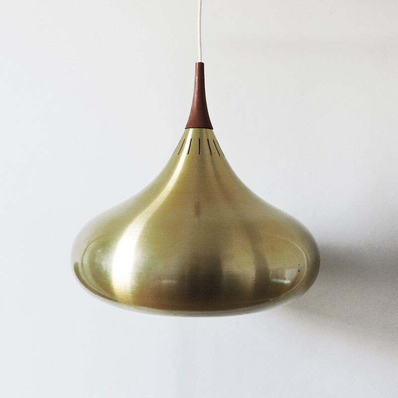 Vintage Orient Brass and Teak Pendant Lamp by Jo Hammerborg for Fog & Morup , 1950s