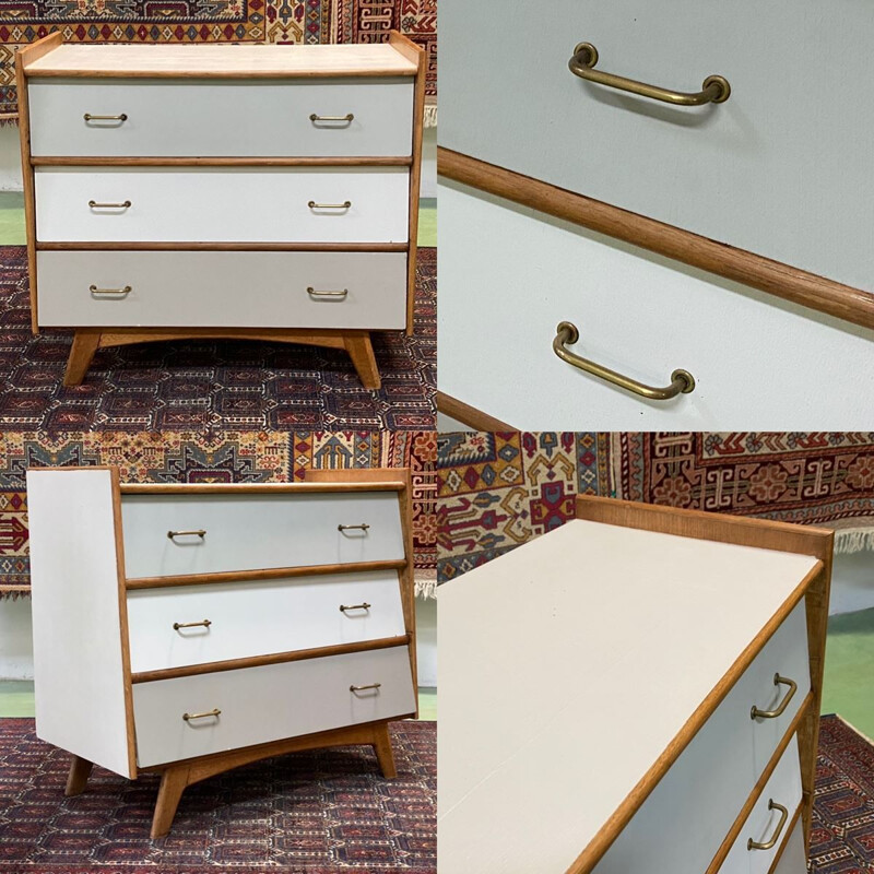 Vintage chest of drawers with compass feet in blond oak and pine 1970